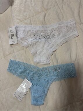 Bride Rhinestone Lace Thong Panties - White and Light Blue